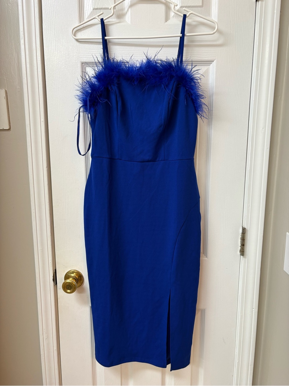Cobalt Feather-Trim Spaghetti Strap Midi Dress